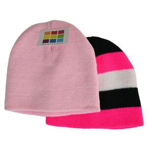 2 winter beanie hats pink/black striped knit stretch small kids girls youth